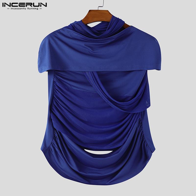 INCERUN Men Cutout Short Sleeve Irregular Patchwork Mesh Fitted T-shirts Tops