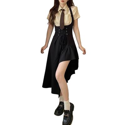 LAVASEON Bluse und Latzrock Perfekt für Koreanischen Stil und Pendeln Damen 3-teiliges Set Krawatte, Unregelmäßig, Massenproduziertes Band, Elegant,