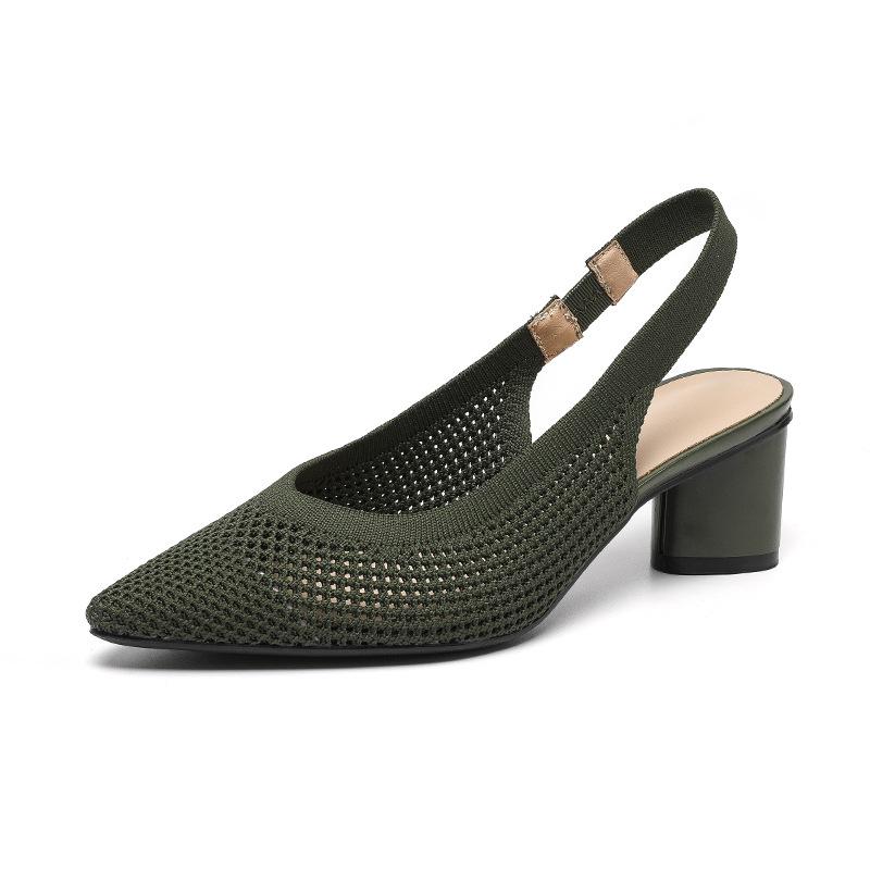 BT663 Princess Cutout Knitted Sandals - Round/Pointed Toe, Back Strap, Low Cut, Chunky Heel