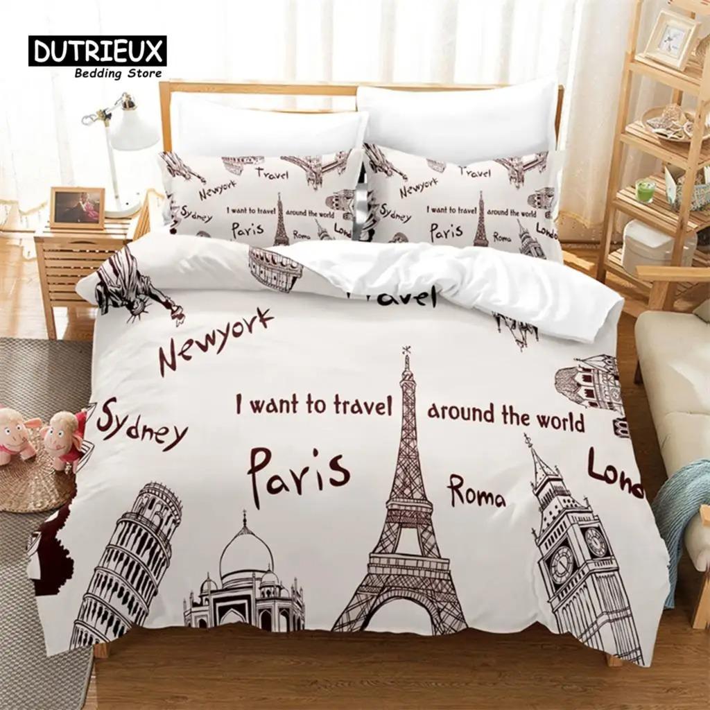 3pcs Duvet Cover Set, Eiffel Tower Bedding Set, Soft Comfortable Breathable Duvet Cover, For Bedroom Guest Room Decor