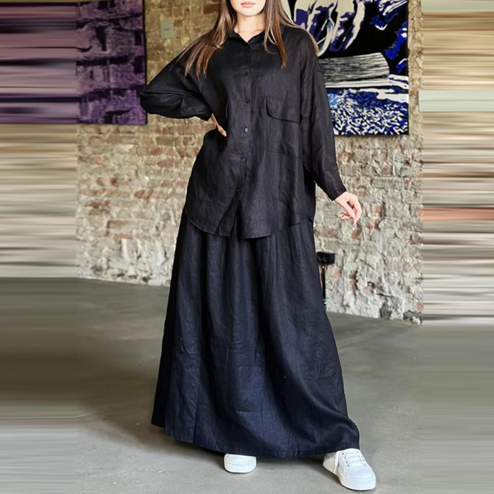 

Women s Fashion Casual Retro Large Size Lapel Long Sleeve Shirt Dress Casual Two-piece Set XXXL чёрный