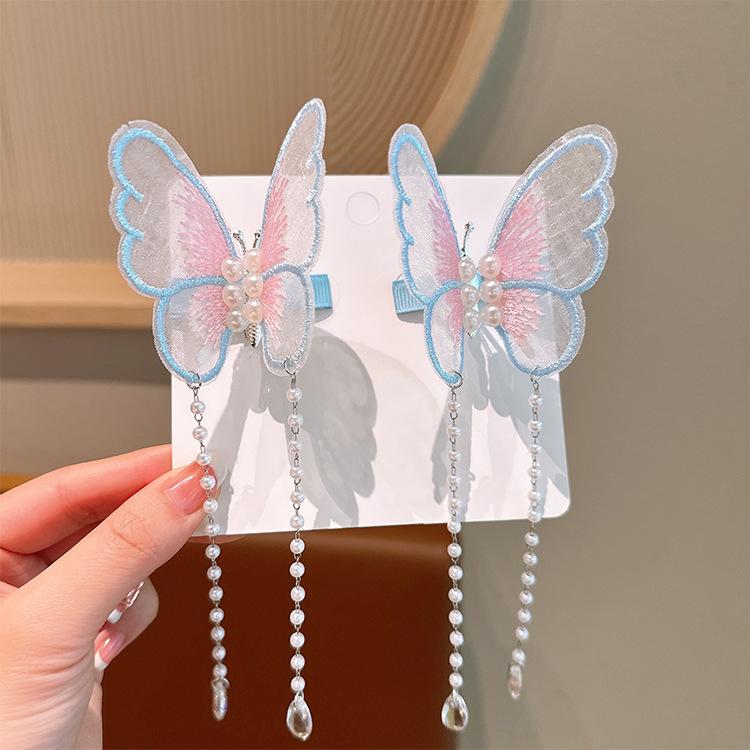 1 Pair Ancient Clothing Fabric Butterfly Hairpin Children's Chinese Style Shaking Tassel Super Immortal Ancient Pair Color Duckbill