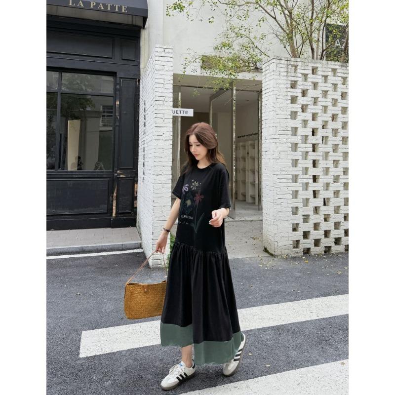 DIMANAF 2026 Plus Size New Dress Summer Women Lady Shirt Dress Floral Loose Beach Casual Long Dresses O-Neck Black