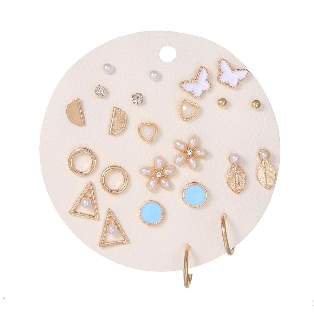 European and American Jewelry 11 Pairs of Geometric Circle Flower Diamond Stud Earrings Set, Korean Version of Sweet Pearl Stud Earrings for Women