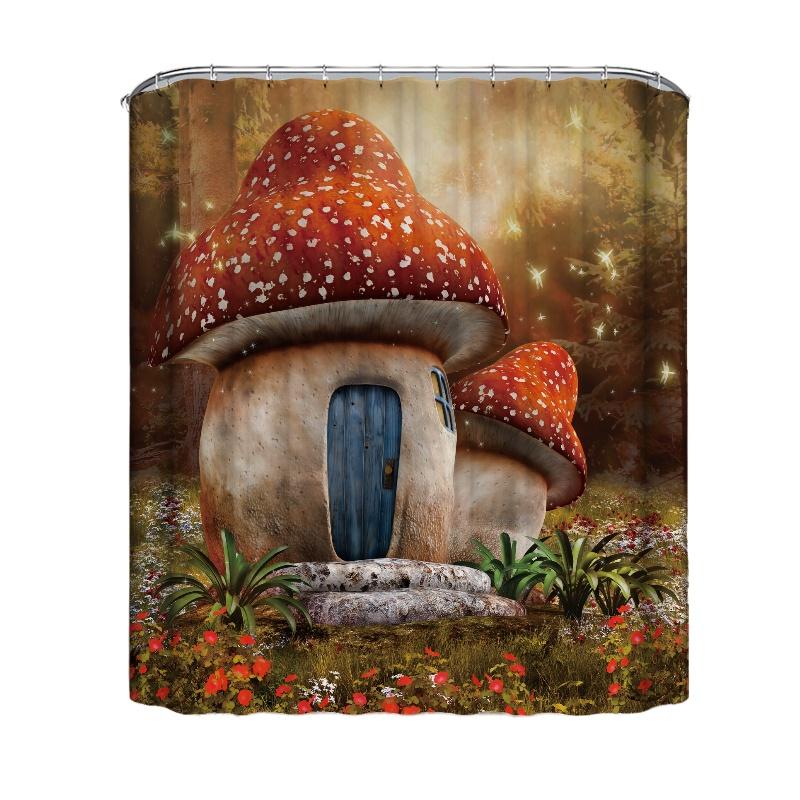 

Занавеска для душа Лесной сон Грибной принт Водонепроницаемая Крючки Декорация для ванной House,150*180cm/59.06*70.87in