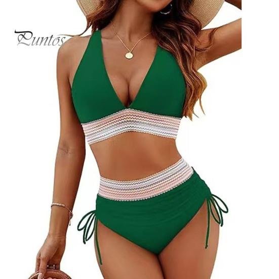2Pcs/Set Women Bikini Set Sexy Deep V-Neck Swimming Bra High Waist Swimming Trunks Set Patchwork Color Swimsuit