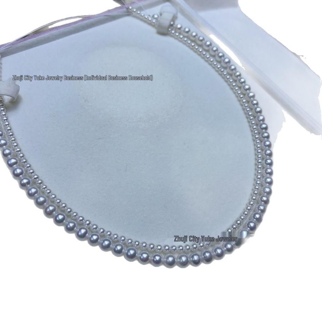 Natural Freshwater Pearls White Double Layer Necklace with Near-Round 3-4/6-7mm Pearls and Figure-8 Clasp.