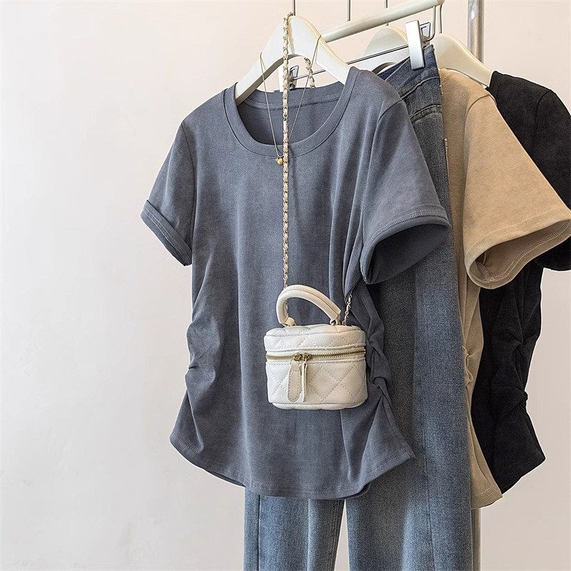 Extra Large Size 150.00kg Plus Size French Retro Tie-Dyed Short-Sleeved T-shirt Female Summer Fat Sister Ruched Curved Slim Looking Tops Gray 2XL