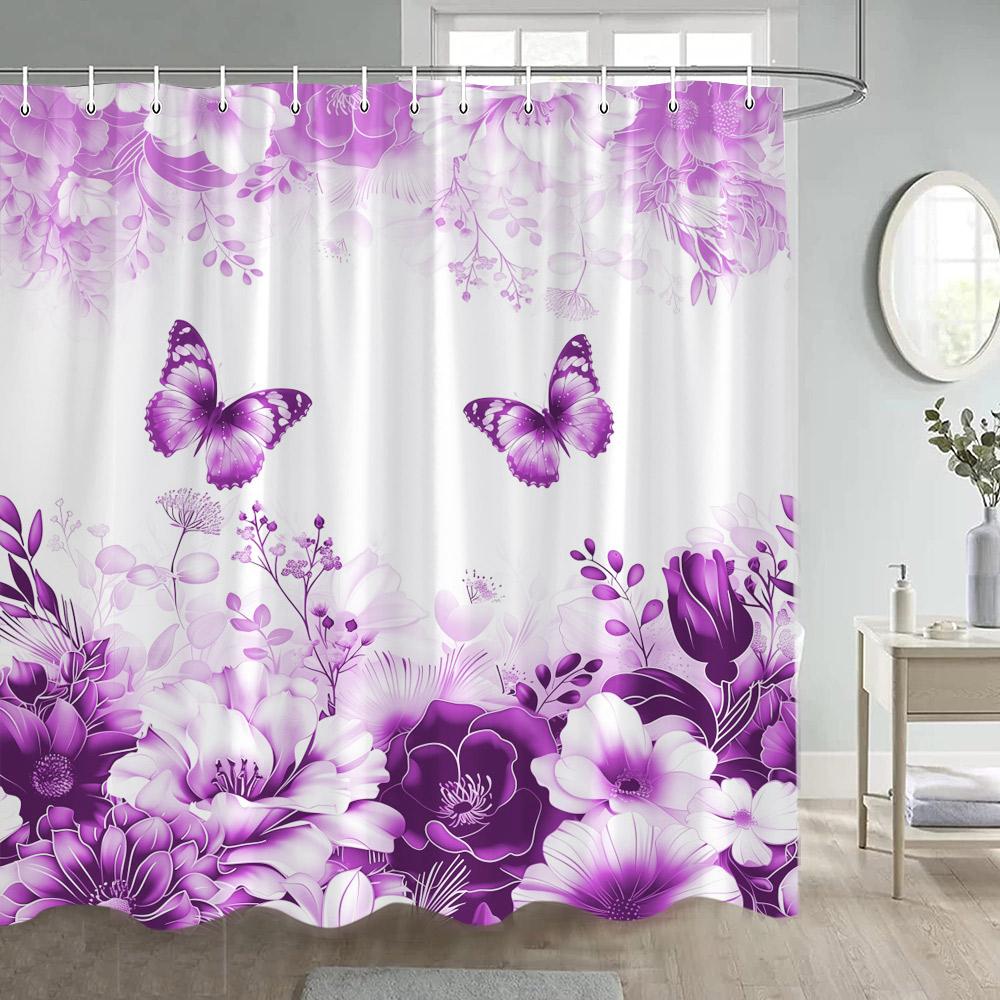 Blue Butterfly Floral Shower Curtains Watercolour Flowers Plant Bath Curtain Polyester Fabric Home Bathroom Bathtub Decoration