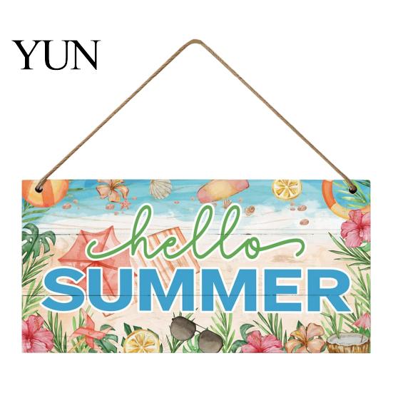 Summer Themed Gifts Wooden Hanging Sign, Beach Theme Welcome Sign Front Door Decor with Rustic Wood Plaque Rope, Colorful Hanger for Seasonal