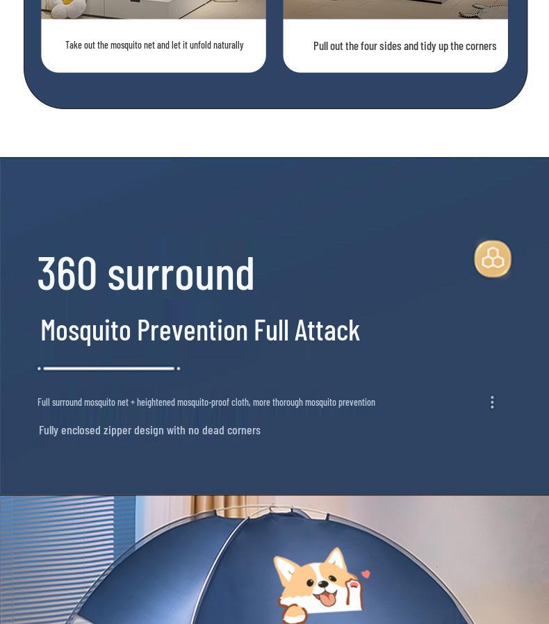 Foldable Mosquito Net Canopy for 1.5-1.8m Beds, Free Installation, Bedroom Yurt Tent