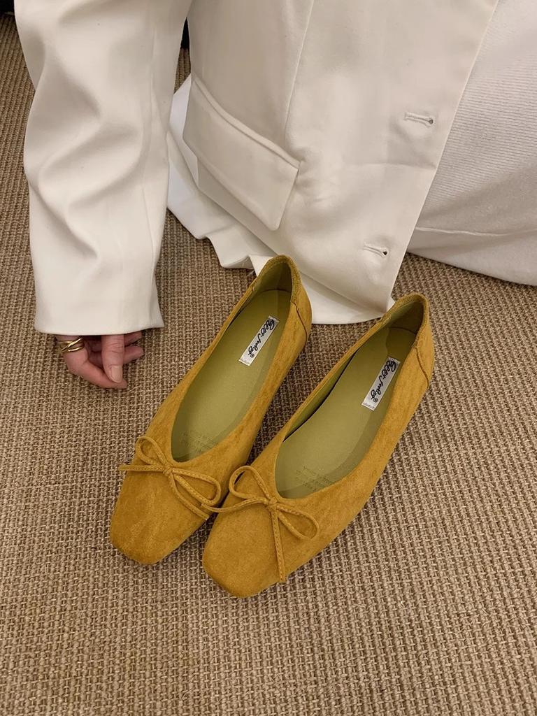 French Fragrant Flat Bottom Square Head Red Bow Single Shoes Women's Shoes 25 New Spring Versatile Gentle Commuter Shoes