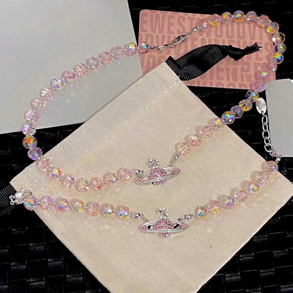 Premium Natural Crystal Bead Necklace & Custom Pink Diamond Bracelet for Women