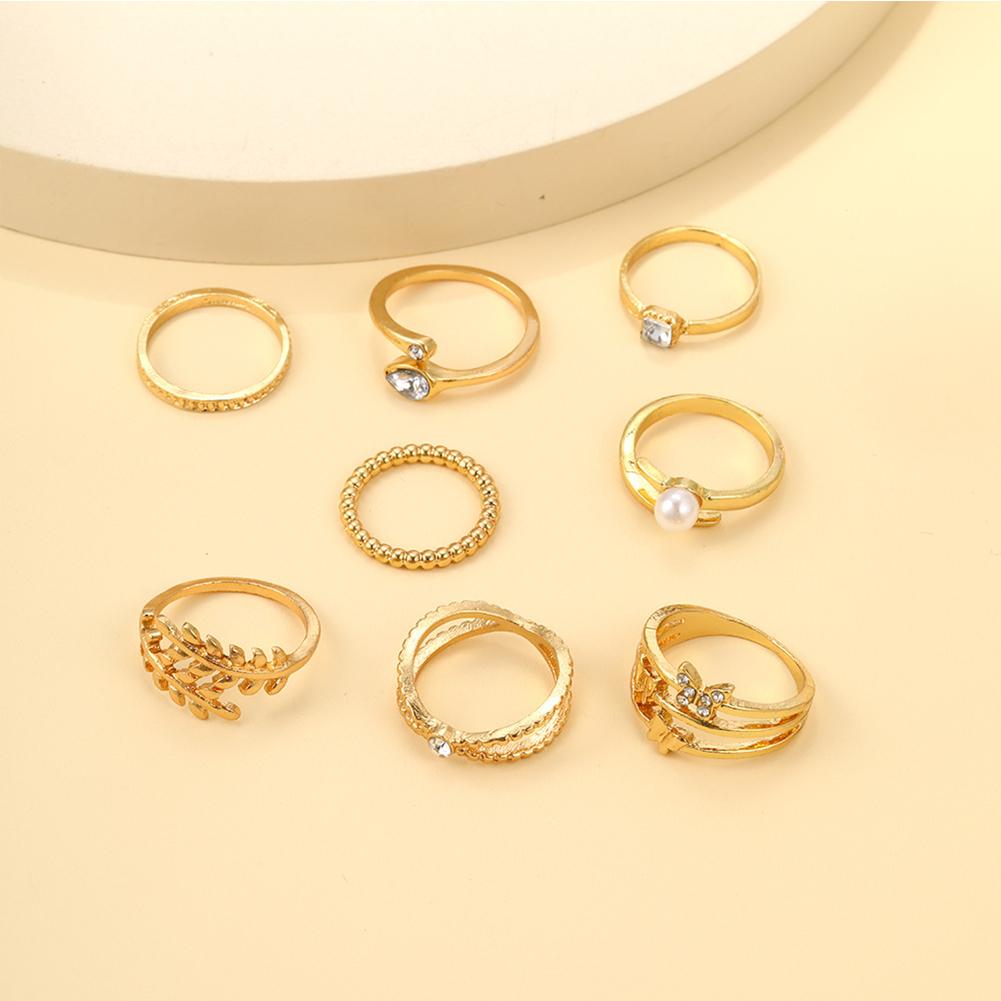 8pcs/set Gold Star Leaf Pearl Rings Personalized Fashionable Rings Set Alloy Rings Women Jewelry Accessories