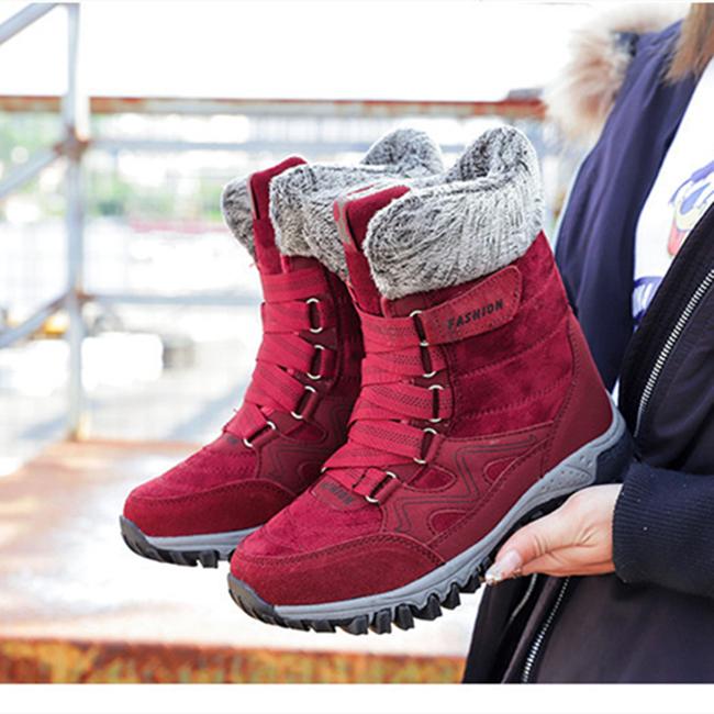 Women Winter Velvet Plus PU Snow Boots Casual Suede Medium Warm High Top Cotton Shoes Large Antiskid Solid Color Lace Up Rope