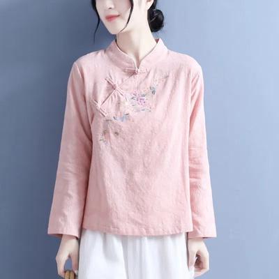 Cotton Linen Autumn Stand Collar Embroidered Long Sleeve Top Women's Chinese Artistic Vintage T-shirt