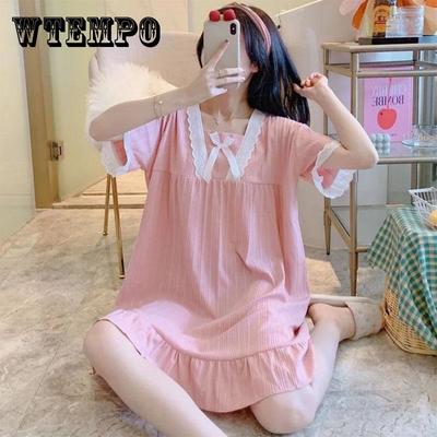 Lindo camisón de mujer de manga corta Estilo Princesa de encaje falda de longitud media suelta chica ropa delgada para el hogar