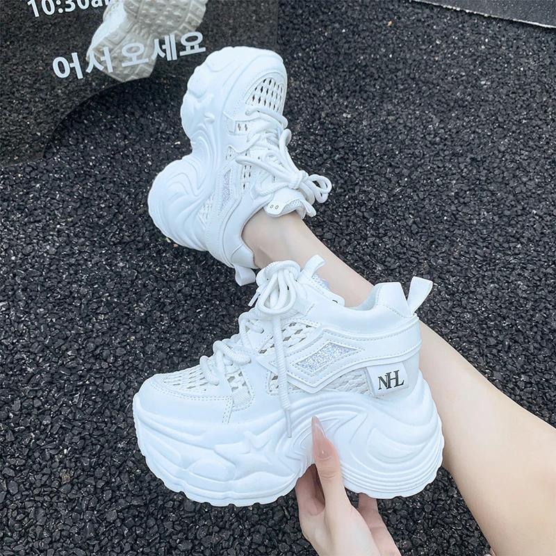 9CM New 2025 Chunky Leather Sneakers Summer Casual Vulcanized Shoes Woman High Platform Breathable Mesh Sneakers Sport Dad Shoes