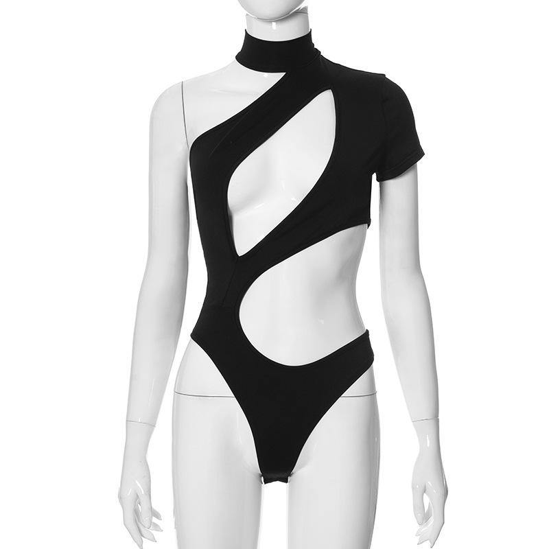 

Женский летний однотонный сексуальный комбинезон с одним рукавом и открытой спиной в европейском и американском стиле S чёрный