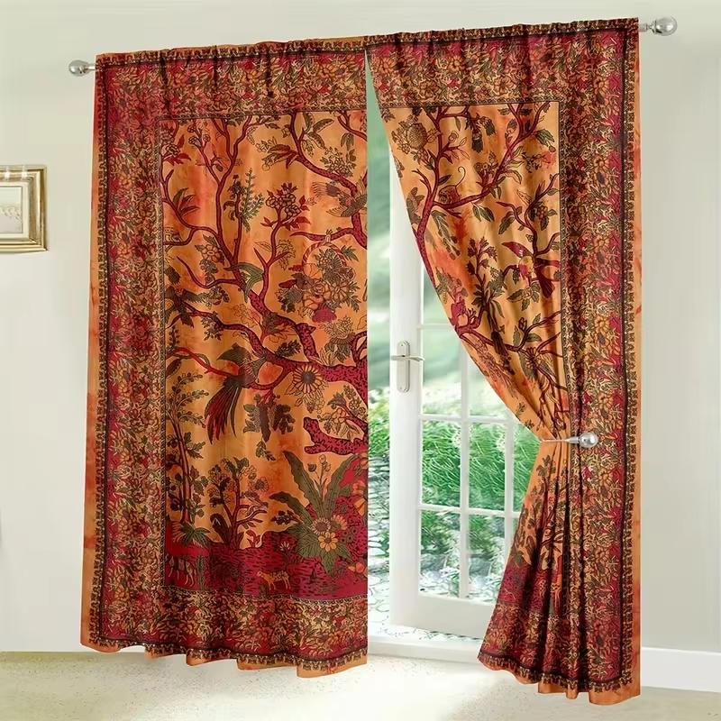 2pcs Vintage Botanical Curtains, Red &