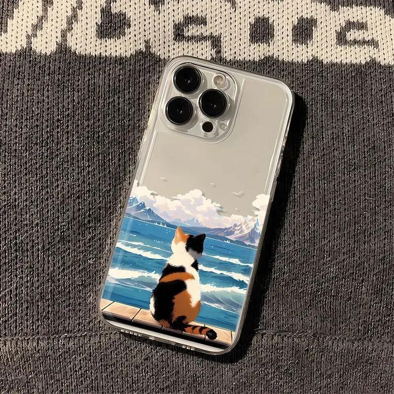 

Fresh Style Cat Sea View Art Print Phone Case for iPhone 17 16 15 14 13 12 11 Series Pro Max Plus Double Layer Protection iphone 12 ProMax