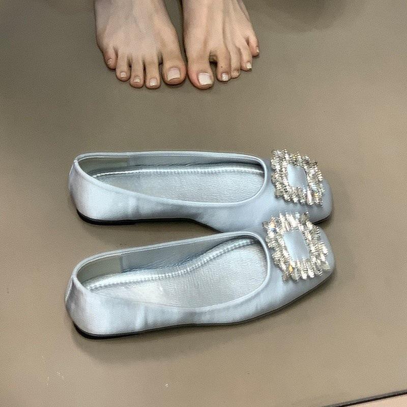 

Satin light mouth square head single shoes women s 2025 new gentle rhinestone flats commuter evening shoes 35