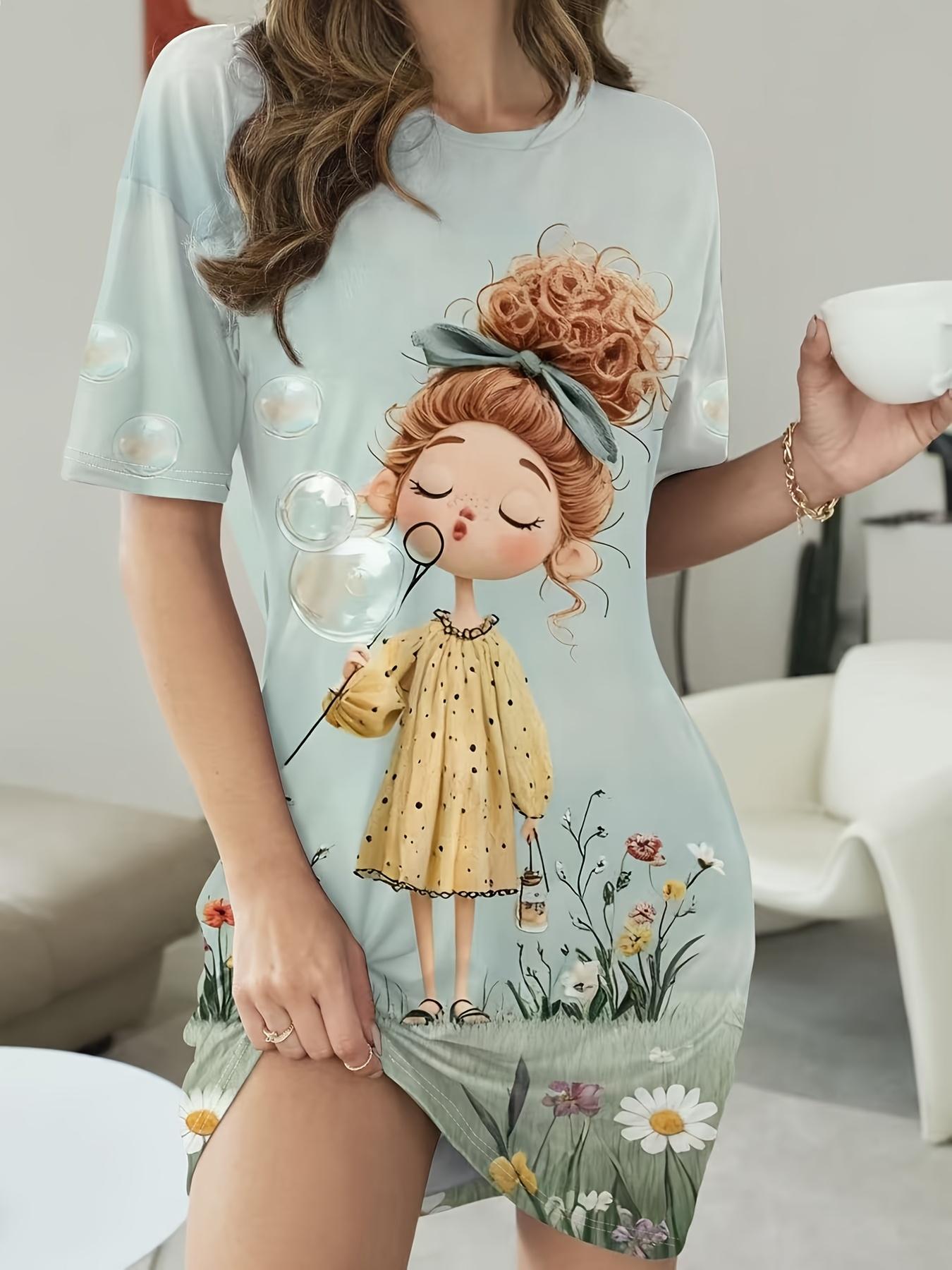 

A Ladies Dress Featuring a Cartoon Bubble-Blowing with Floral Elements. Suitable for All Seasons. Made of a Fabric. And Machine Washable M