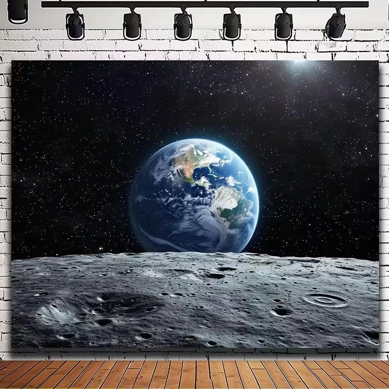 2D Earth from Moon Backdrop, Outer Space Galaxy with Starry Sky Photography Background
