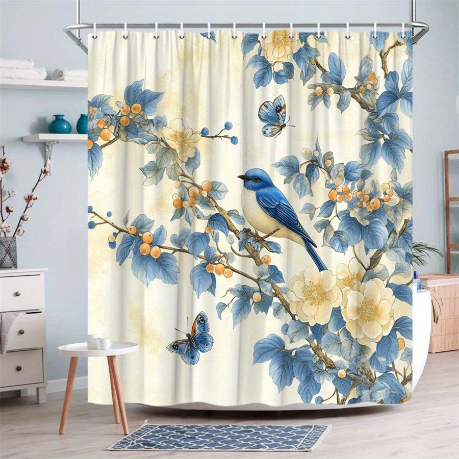 1Pc Vibrant Bluebird And Floral Shower Curtain - Polyester Fabric, Machine Washable, Suitable For Bathroom Decoration