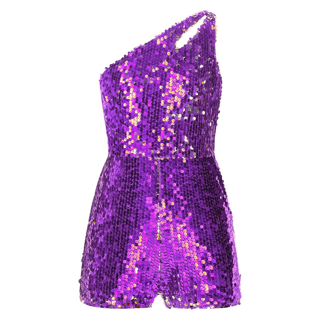 Girls Sparkling Sequin Jumpsuit One Shoulder Design Keyhole Detail Sleeveless Short Bottom Romper