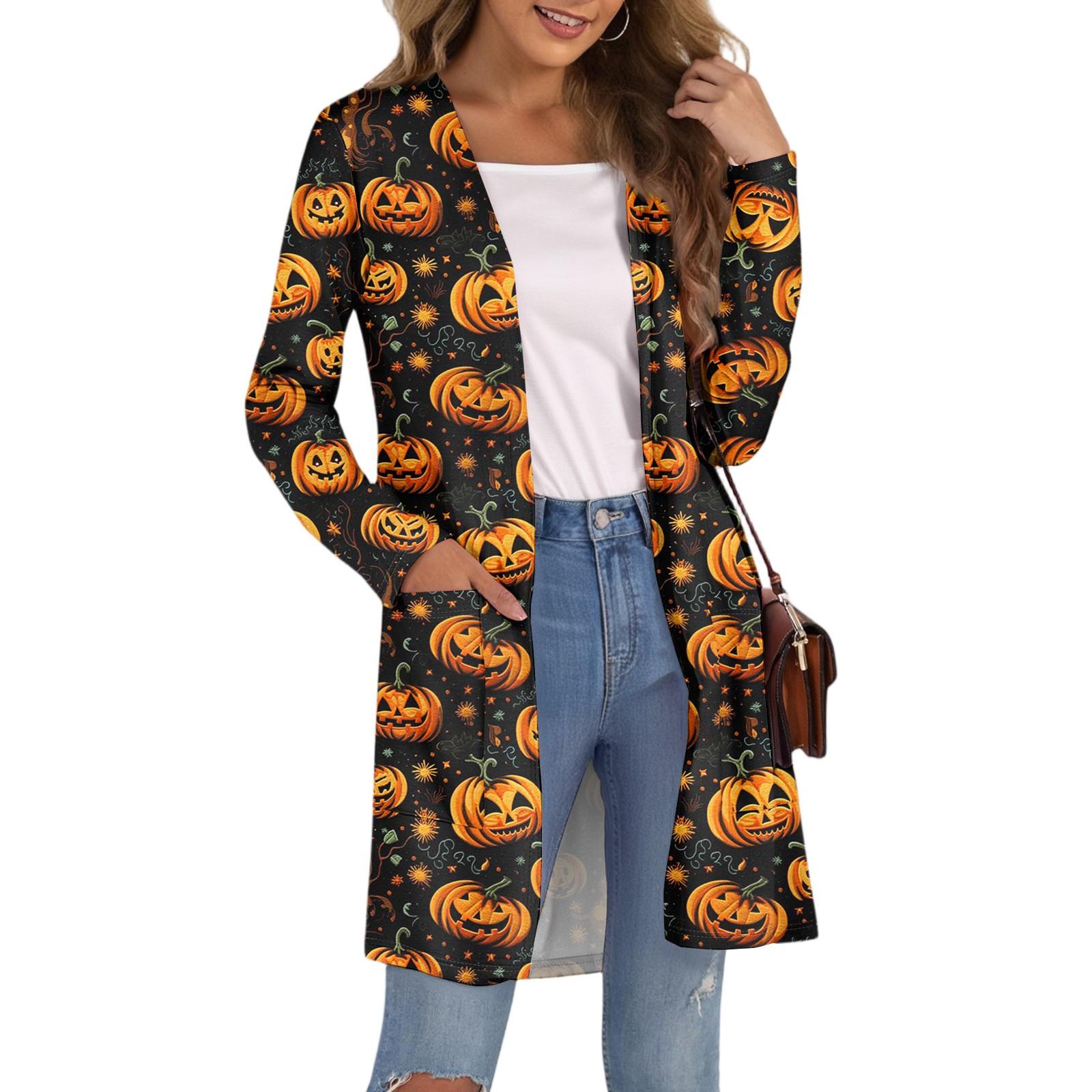 

Women s Fashion Casual Comfortable Halloween Printed Mid-Length Cardigan With Pockets Jacket L чорний