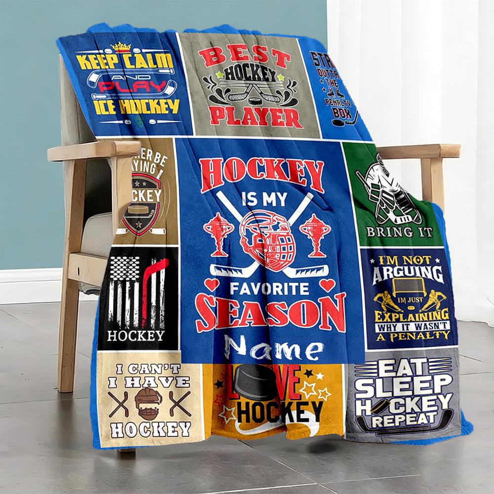 Blue Hockey Customize Text Blanket Gift Personalized Blanket Soft & Cozy Suitable for Chair Sofa Couch Nap Ideal for All Seasons