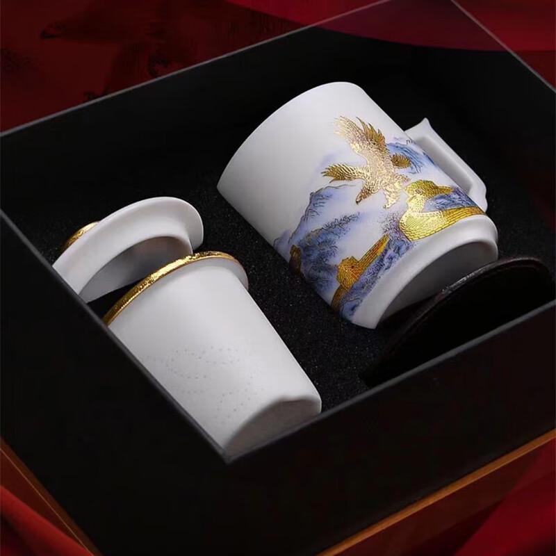 Chaxun Mutton Fat Jade Ceramic Filter Tea Cup with Lid, Great Ambition Gift Set