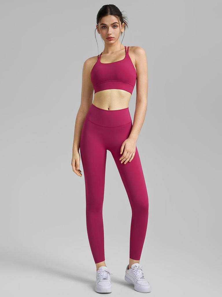 Two-Piece Fitness Set: Seamless Yoga Pants & Cross-Back Sports Bra with Fixed Cups - Women