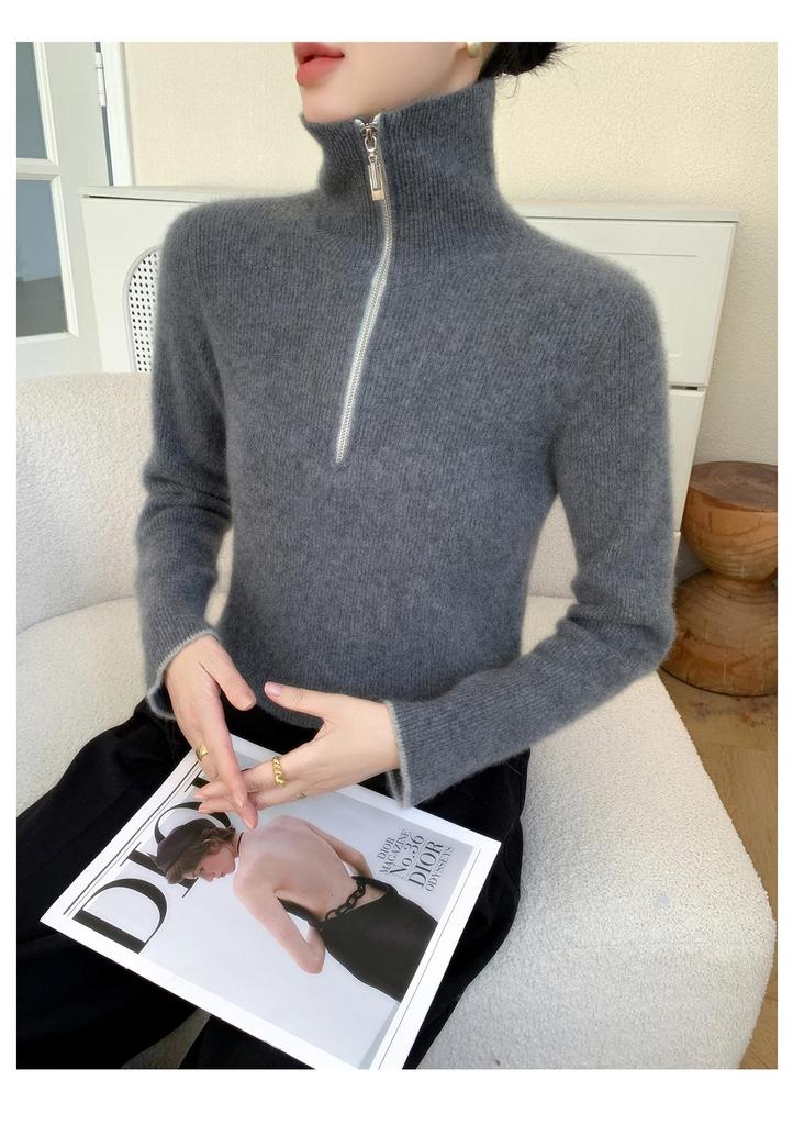 2025 A/W Women's Ribbed Cashmere Half-Zip Stand Collar Sweater