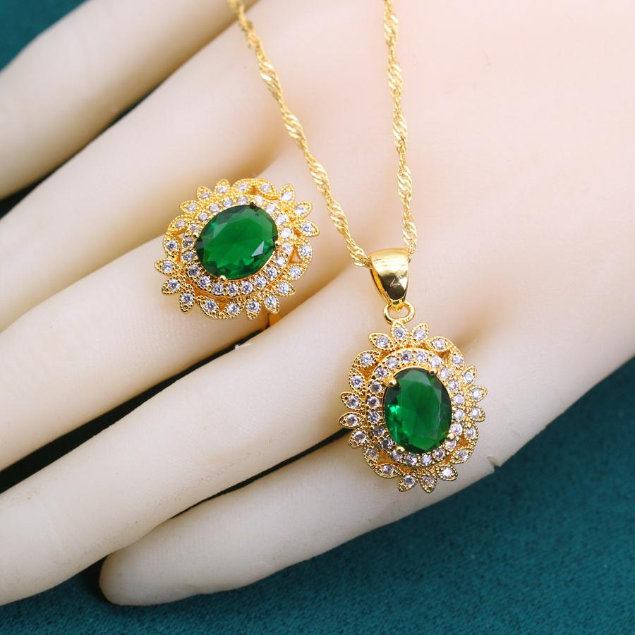 New Green Zirconia  Gold Plated  Jewelry Sets For Women Crystal Earrings Necklace Adjustable Ring Bracelet Wedding Gift