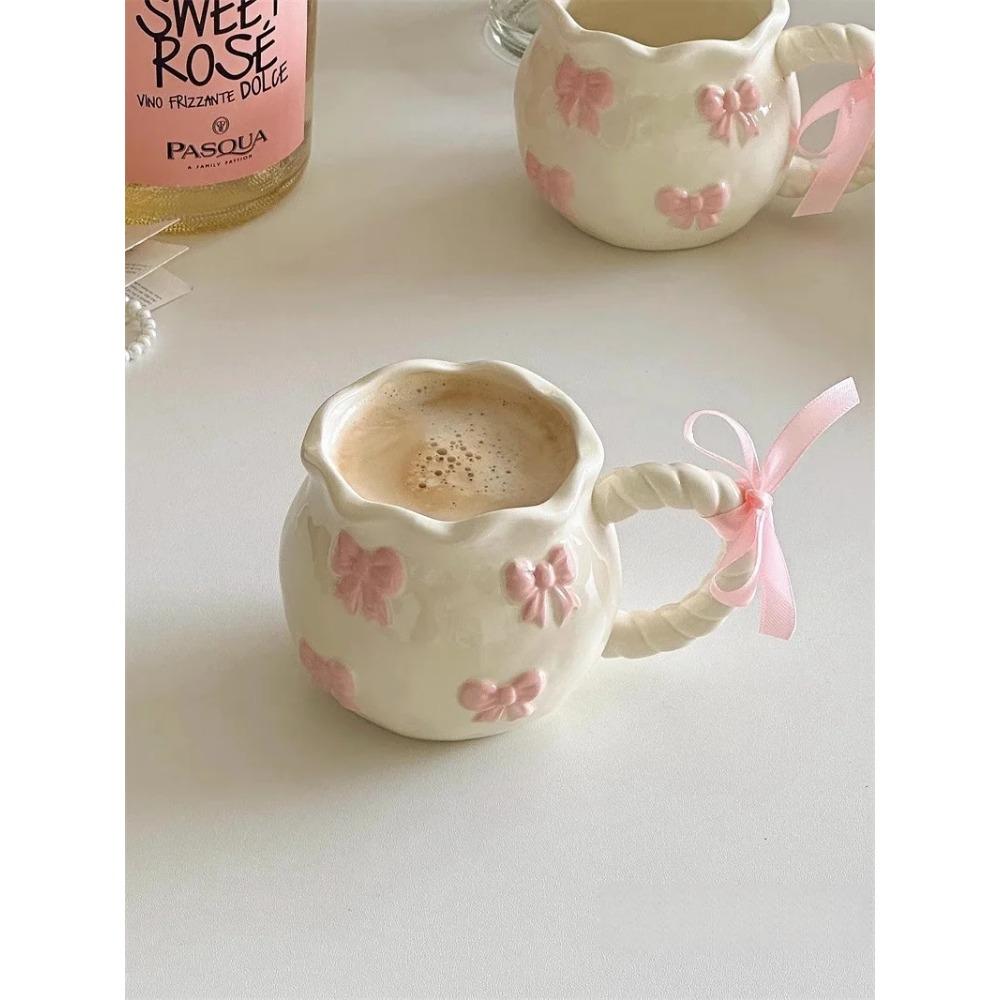 Cute Pink Relief Bow Ceramics Mug Cups Coffee Milk Drinks Ceramics Handle Cup with Box Girls Gift