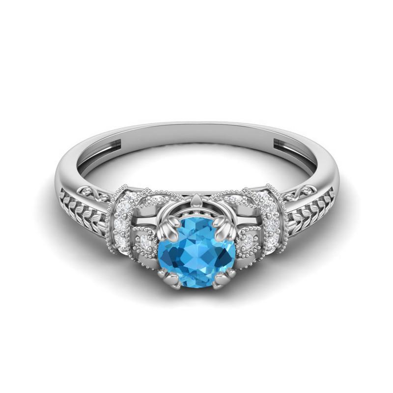 5MM Round Swiss Blue Topaz Gemstone 925 Sterling Silver Solitaire Blossom Design Women Wedding Ring