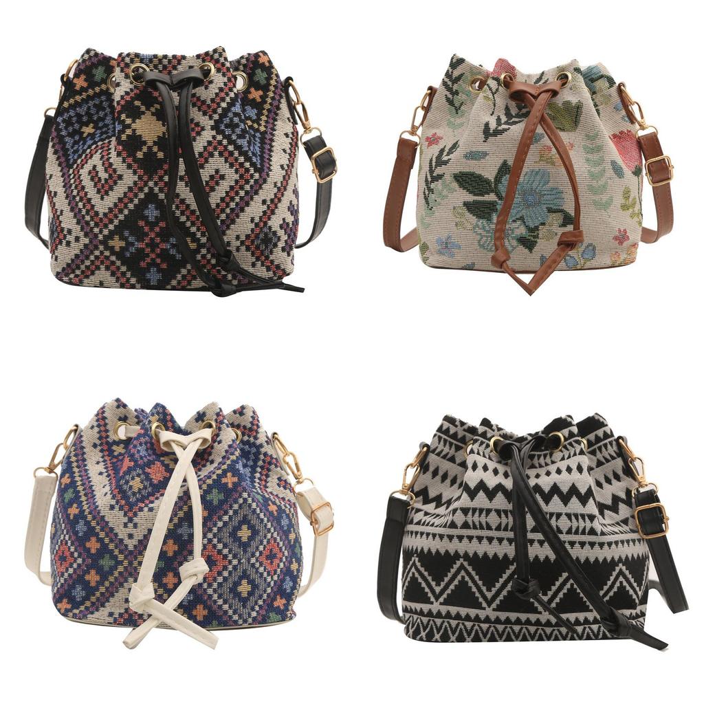 Boho Style Canvas Water Bucket Bag With Drawstring Closure For Daily Casual Use