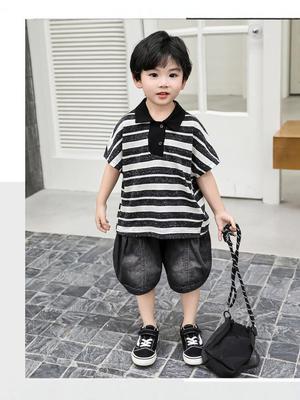 Children's Summer 2026 Black & White Striped Polo Shirt + Denim Lantern Shorts Set