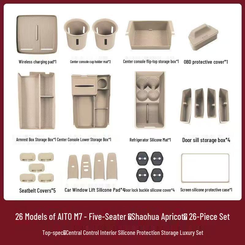 Compatible with 26 AITO M7 models, this silicone car interior set features wireless charging capabilities and decorative modifications.