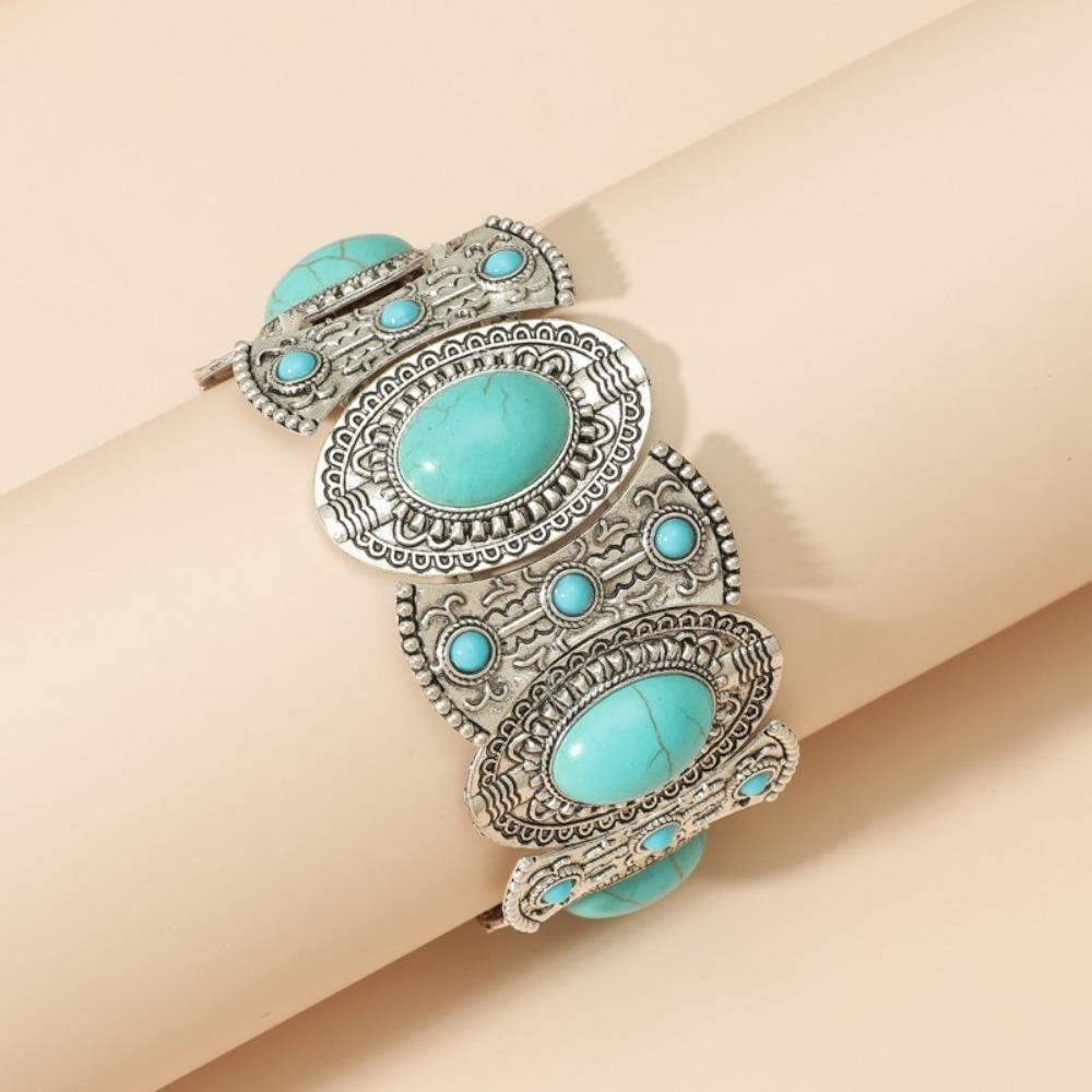 European and American Ethnic Style Personalized Retro Alloy Turquoise Elastic Bracelet Women's Bohemian Bracelet Jewelry