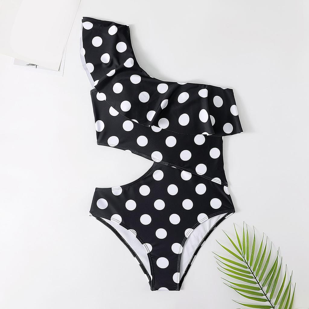 One Shoulder Polka Dot Ruffle Swimsuit Cutout One Piece Swimwear Beachwear Bathing Suit for Women