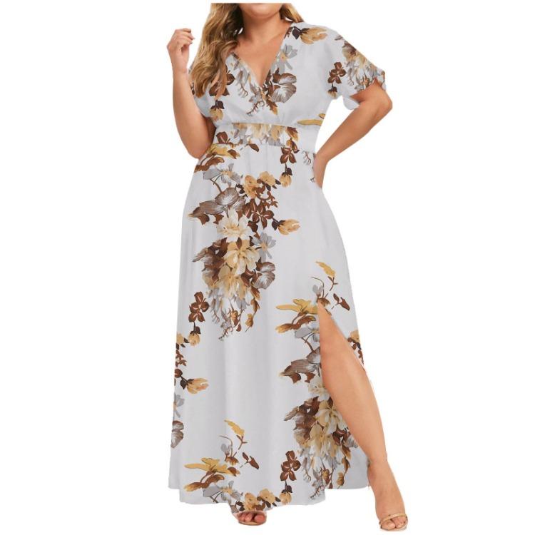 2024 Summer Women's Dress Large Size European American Printed Hem Split Fashion Trendy
