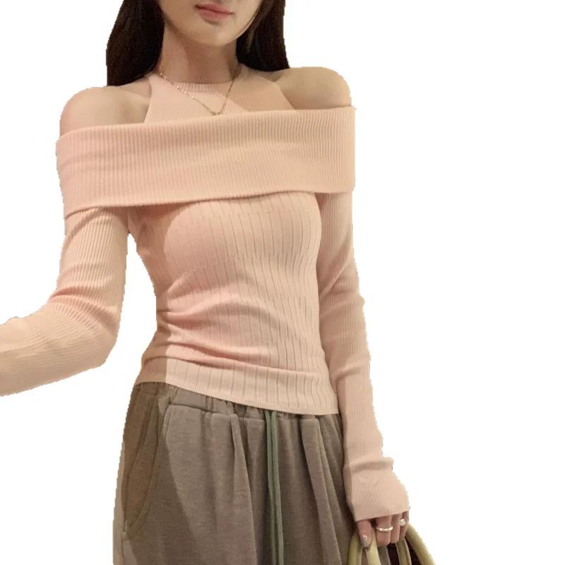 Unique Design Fake Two Piece Off Shoulder Long Sleeve Knitwear Womens Spring Autumn New Arrival Stand Alone Top