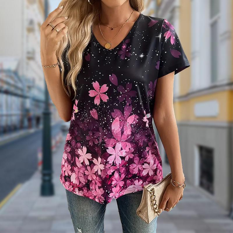 Fashion Falling Flowers Printing Blouses Short Sleeve V-Neck T Shirts Casual