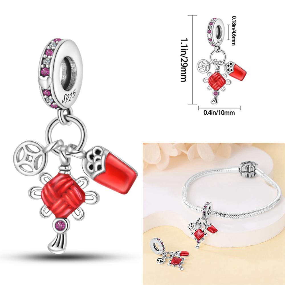Brand New Chinese Style Series Copper Metal Red Lantern Lucky Cat Charm Bead Components Compatible With Authentic Original Bangle Charm Bead