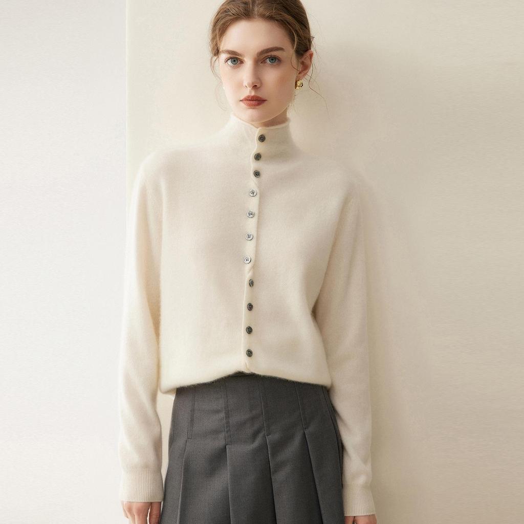 Women's Pure Cashmere Single-Breasted Sweater - Winter 2026, Solid Color, Gentle Style, Loose Fit, Slimming Design