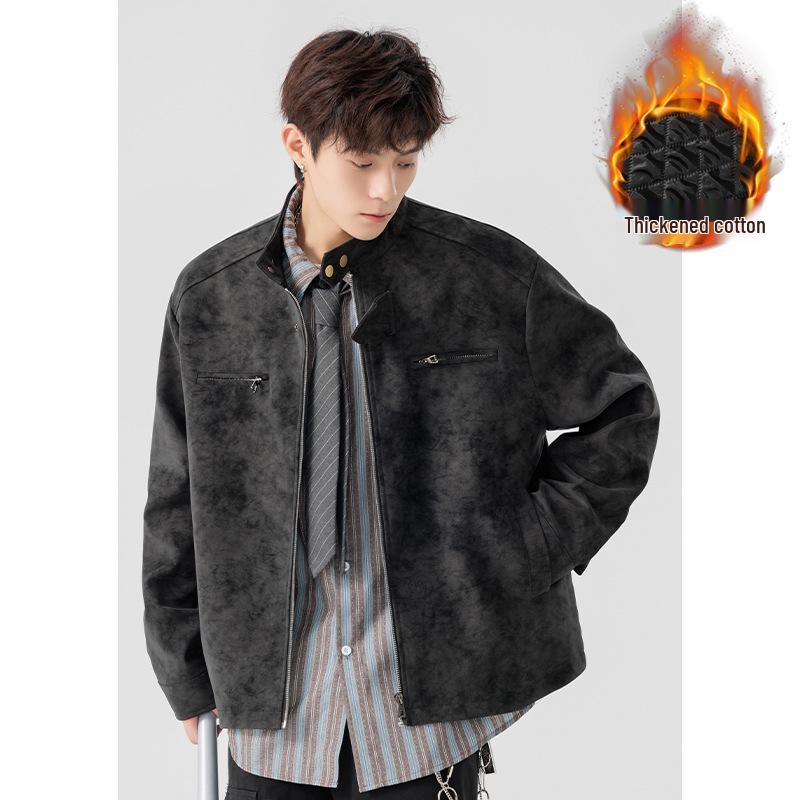 Men's Retro American Tie-Dye PU Leather Jacket - Warm, Trendy, Stand-Up Collar for Autumn