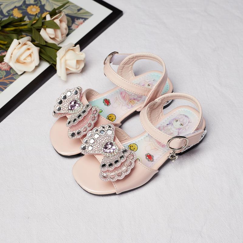 Kids Shoes Princess Versatile Casual Shoes Open-toe Low Heels Rhinestones 2024 New Soft Hook & Loop Children Non-slip Korean PU